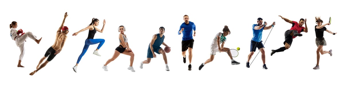 Collage verschiedener Sportlerinnen und Sportler in Aktion aus Tennis, Volleyball, Basketball, Fußball und Leichtathletik