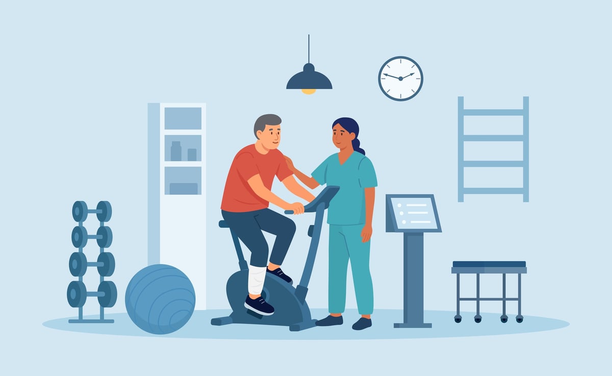Illustration eines Sportlers auf dem Trainingsrad, begleitet von einem Betreuer